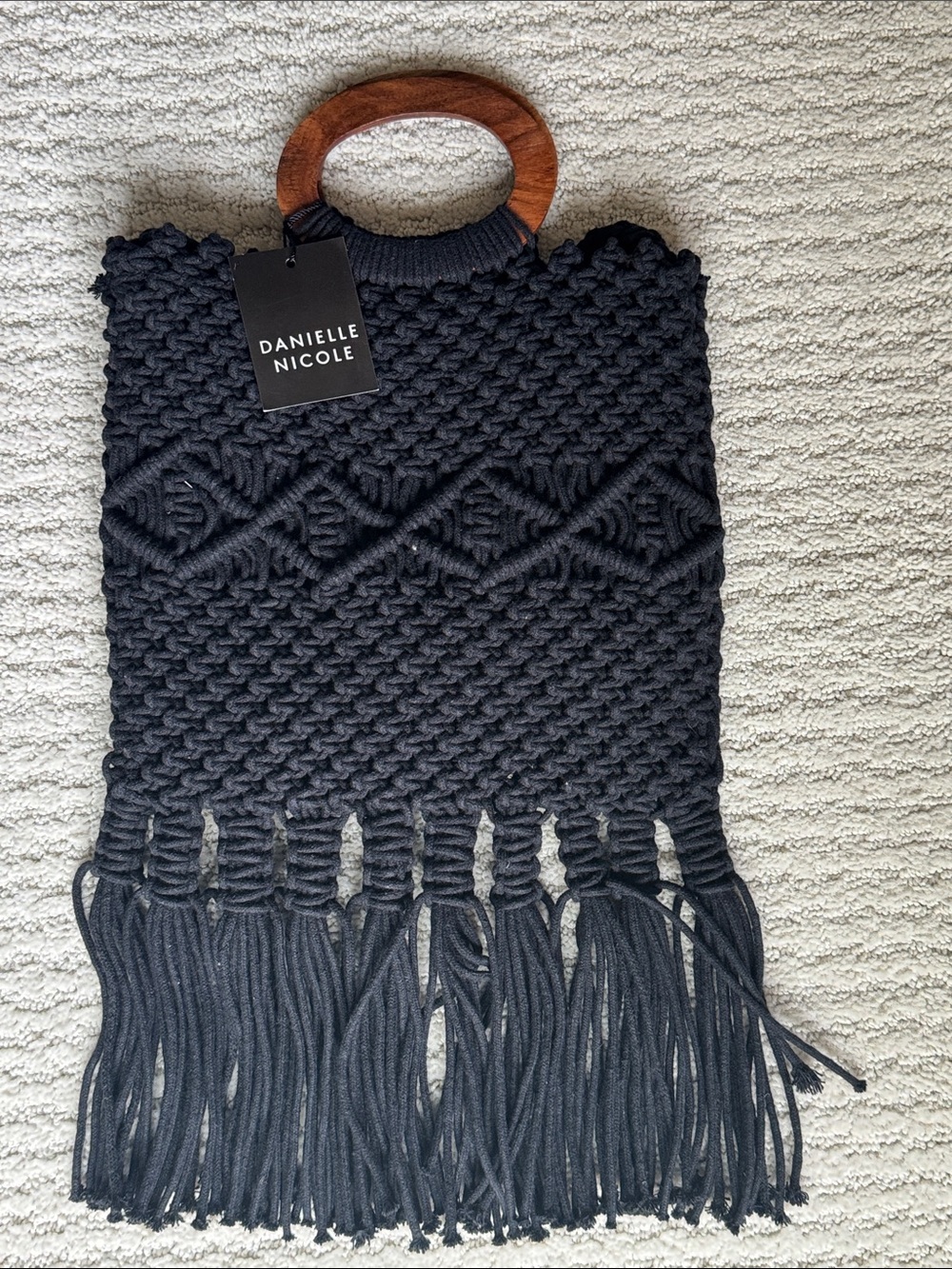 Danielle Nicole Black Macramé Fringe Tote with Wooden Handles
